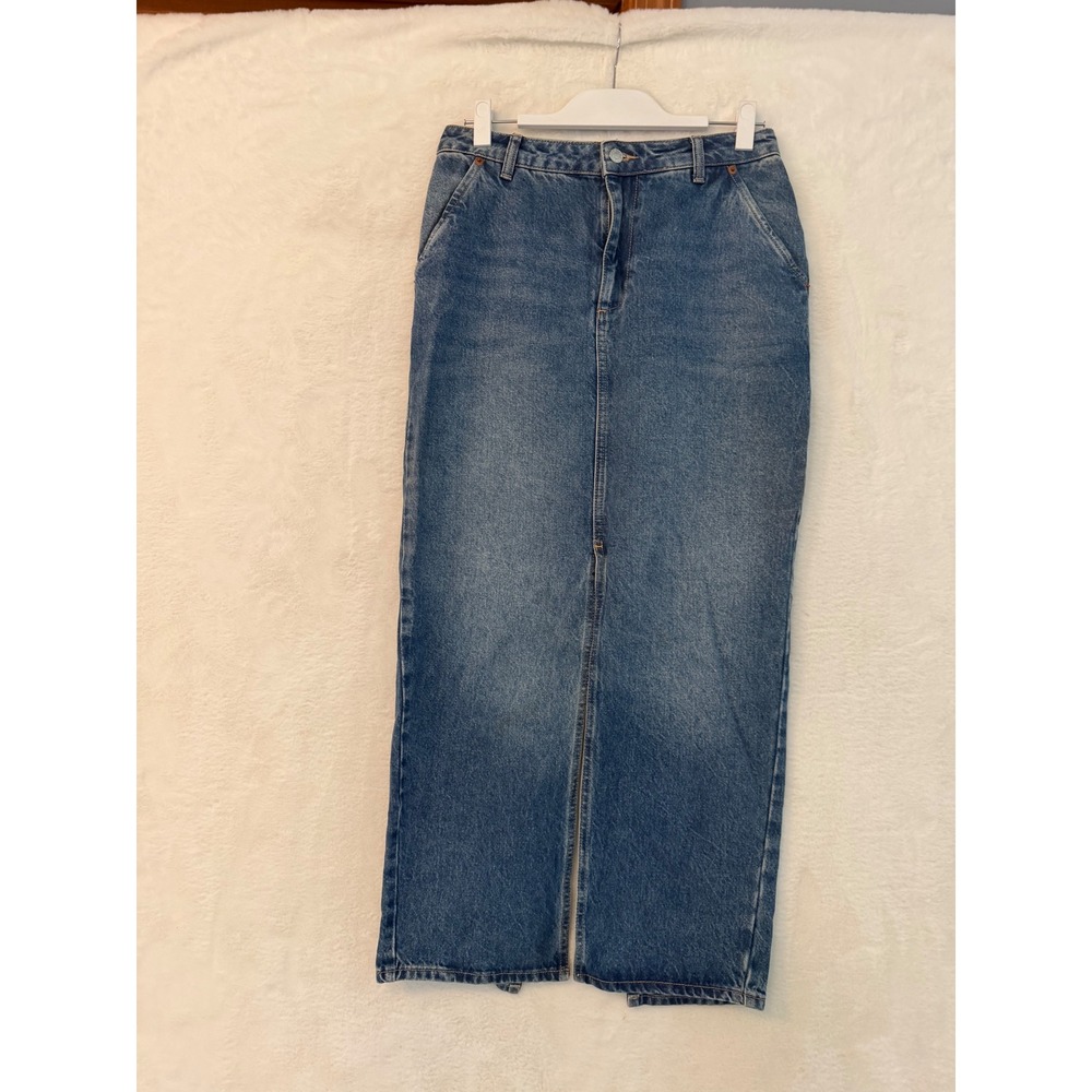 NA-KD Blue Denim Maxi Skirt High Waisted Back Slit Size 38 Medium Wash Long